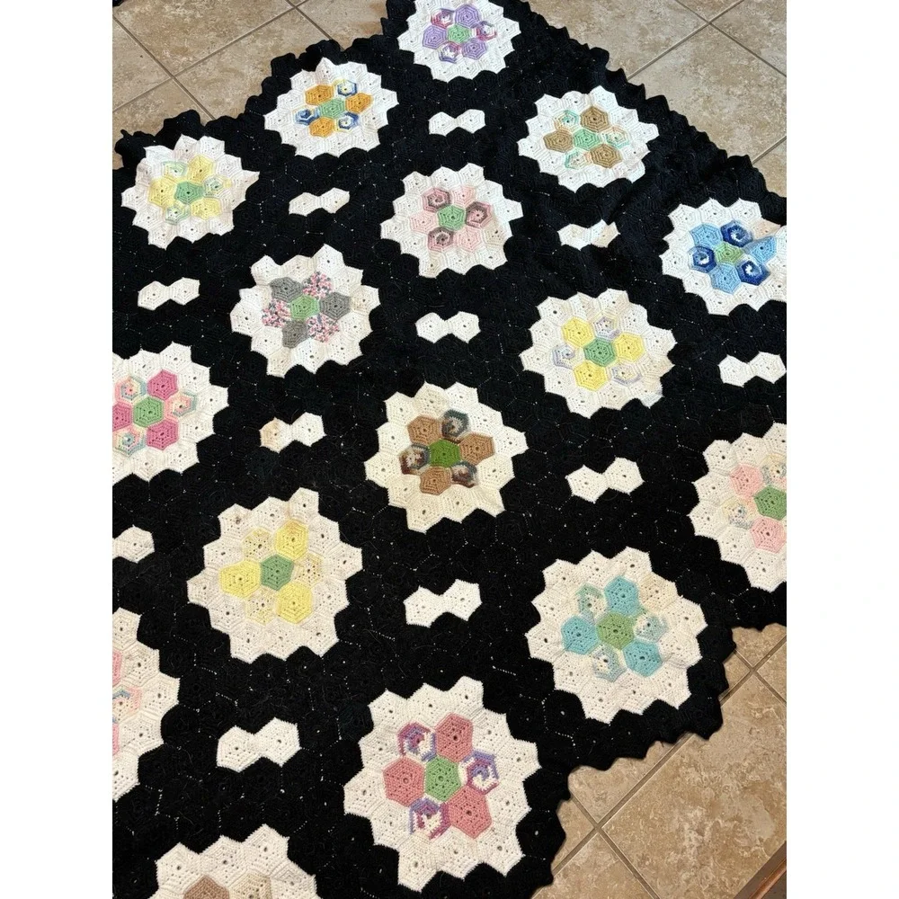 Vintage‎ Handmade Crochet Afghan Hexagon Quilt Throw 69x63 Heavy Grandma Cottage